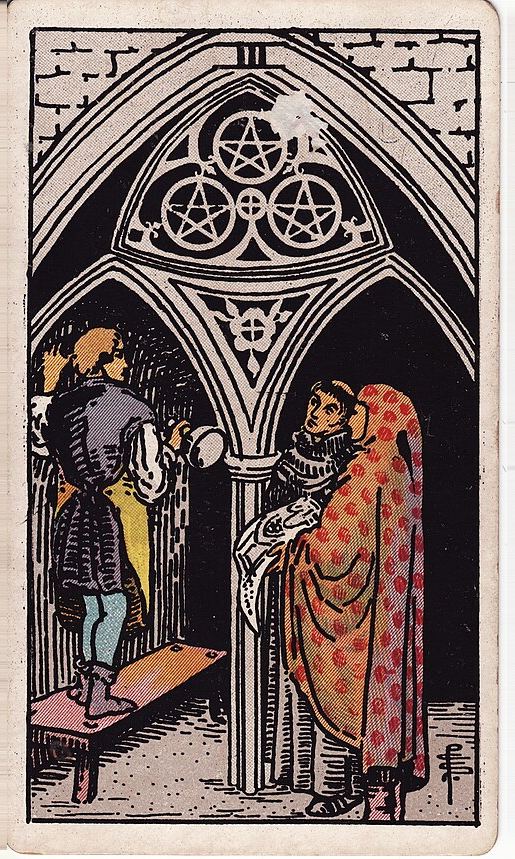Lá Three of Pentacles (Ba Tiền) trong bộ Rider–Waite–Smith 1909
